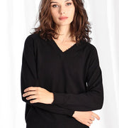 Cotton Cashmere Frayed Edge V - Neck Black - Minnie Rose - COLOR GAME