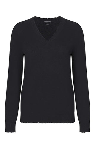 Cotton Cashmere Frayed Edge V - Neck Black - Minnie Rose - COLOR GAME