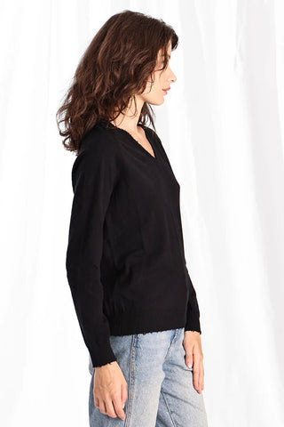 Cotton Cashmere Frayed Edge V - Neck Black - Minnie Rose - COLOR GAME