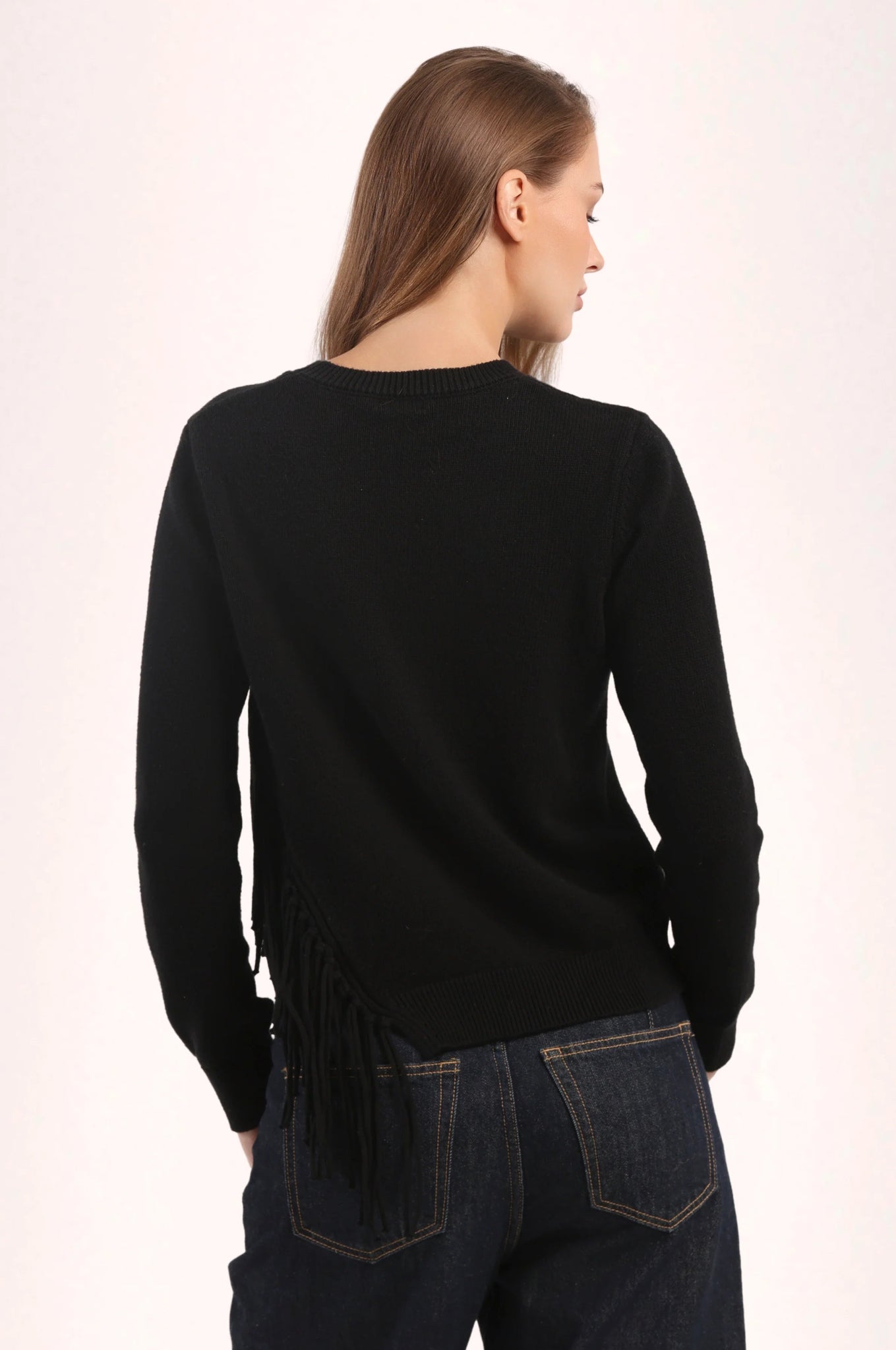 Cotton Cashmere Fringe Trim Sweater Black - Minnie Rose - COLOR GAME