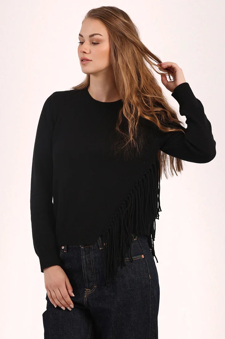 Cotton Cashmere Fringe Trim Sweater Black - Minnie Rose - COLOR GAME