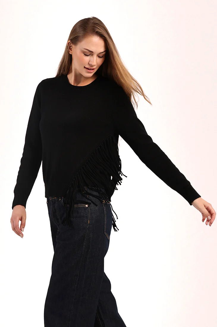 Cotton Cashmere Fringe Trim Sweater Black - Minnie Rose - COLOR GAME