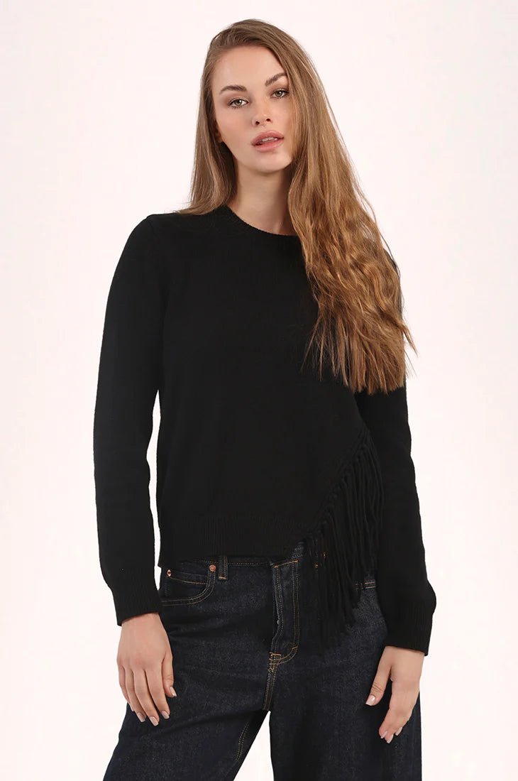 Cotton Cashmere Fringe Trim Sweater Black - Minnie Rose - COLOR GAME