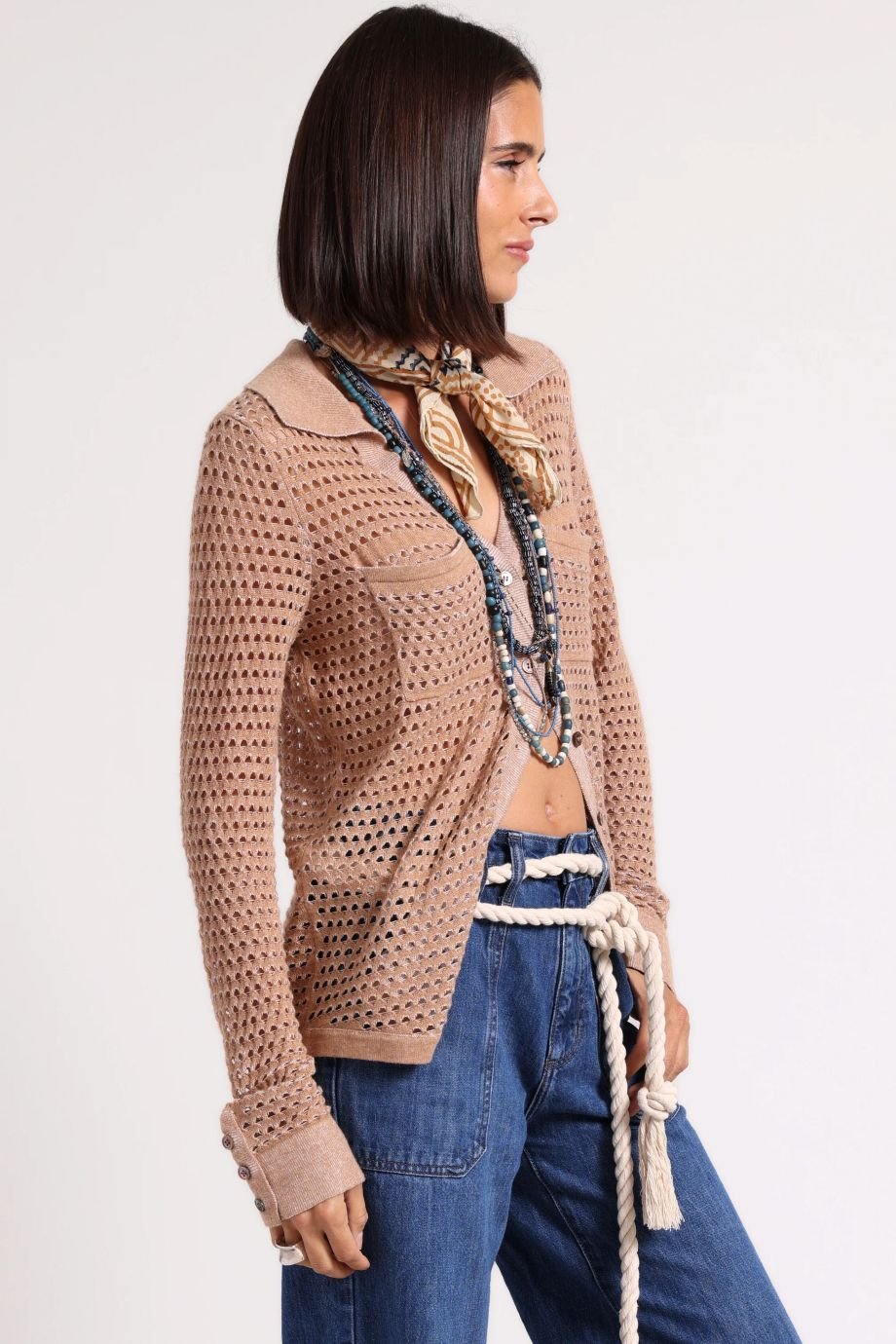 Cotton Cashmere Mesh Button Down Top - Minnie Rose - COLOR GAME