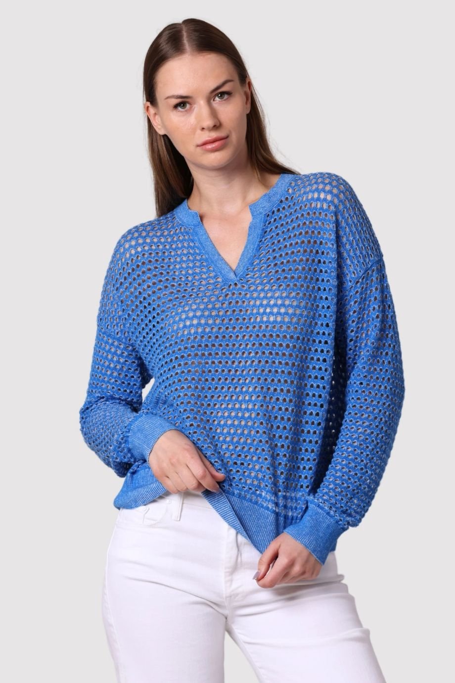 Cotton Cashmere Mesh Split Neck Top - Minnie Rose - COLOR GAME