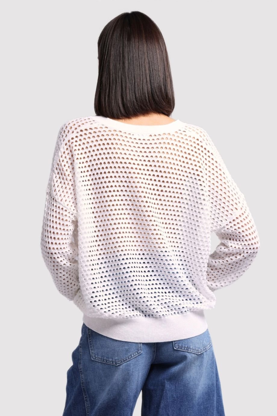 Cotton Cashmere Mesh Split Neck Top White - Minnie Rose - COLOR GAME