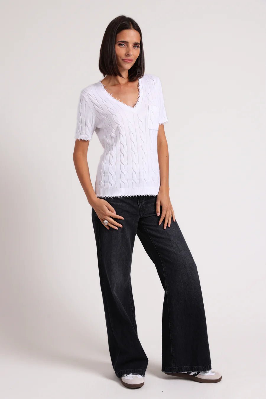 Cotton Frayed Cable V - Neck Tee - Minnie Rose - COLOR GAME