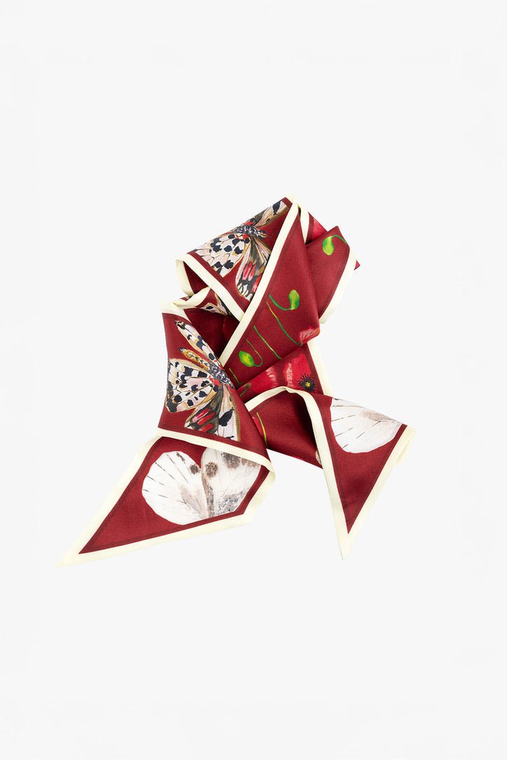 Crimson butterfly silk ribbon scarf by Catherine Cartie, view 3