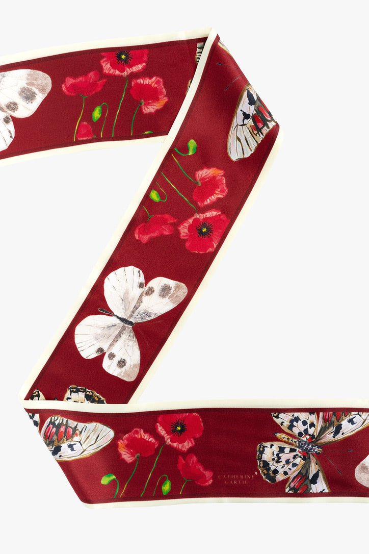 Crimson butterfly silk ribbon scarf by Catherine Cartie, view 4