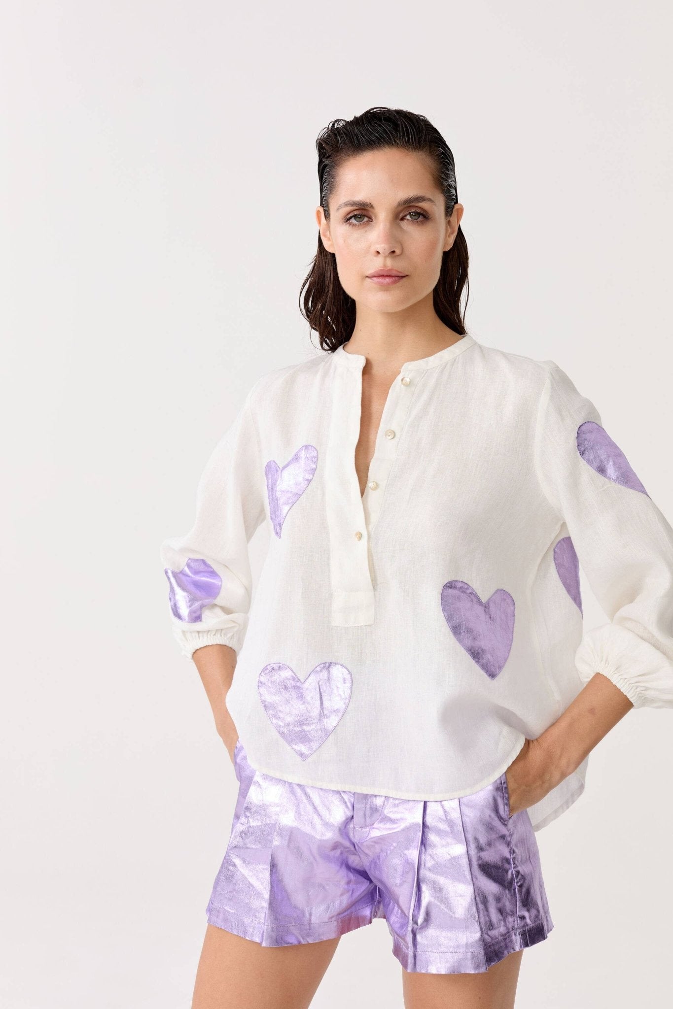 Cupid Linen Shirt With Metallic Violet Hearts - Lanhtropy - Color Game