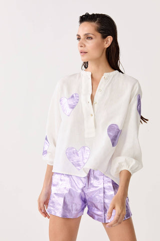 Cupid Linen Shirt With Metallic Violet Hearts - Lanhtropy - Color Game