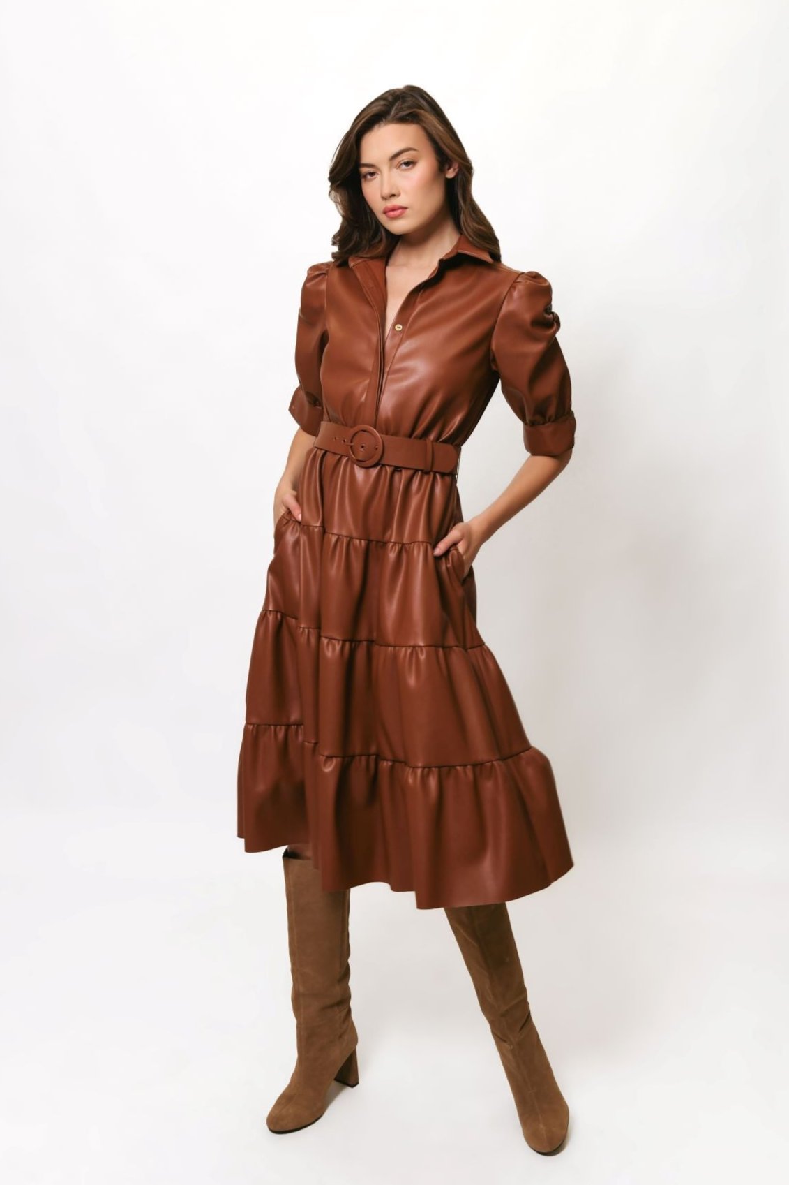 Darci Caramel Faux Leather Midi Dress - Hutch - COLOR GAME