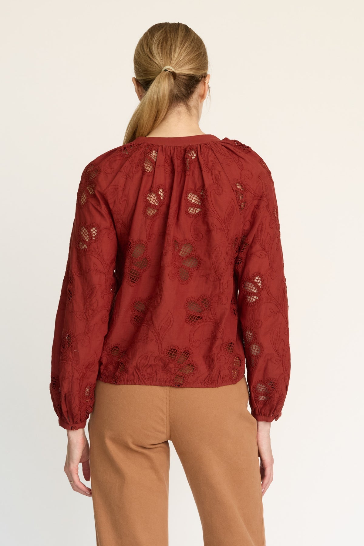 Dolly fired brick lace top with raglan sleeves