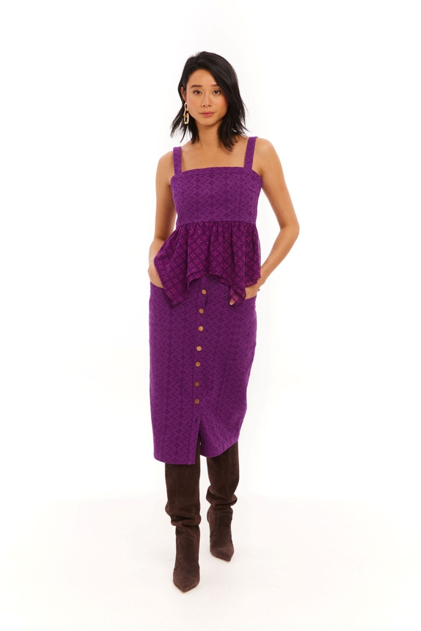 Eggplant Eyelet Twill Amal Midi Skirt - Allison New York - COLOR GAME