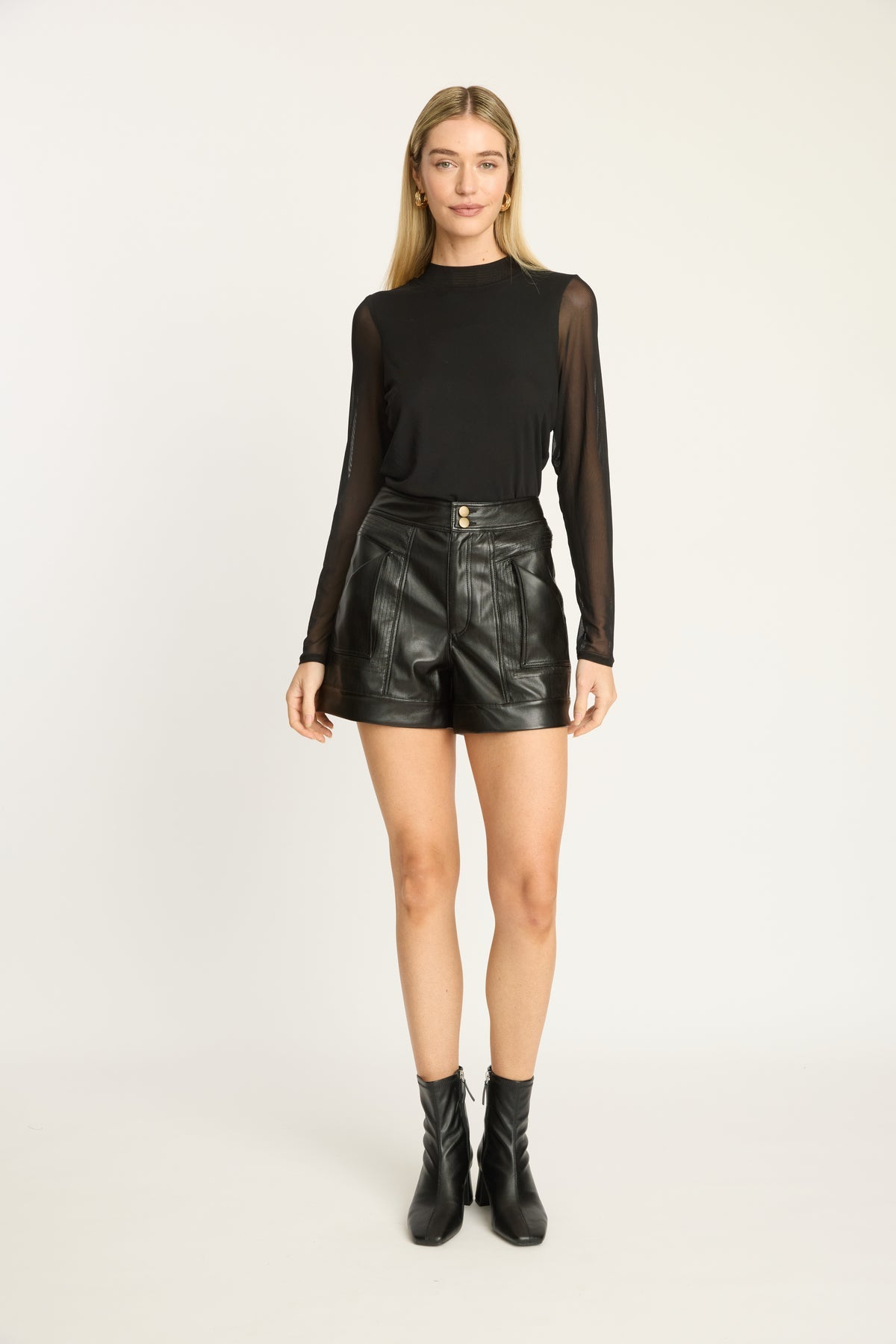 Essie black vegan leather high-rise short, front view