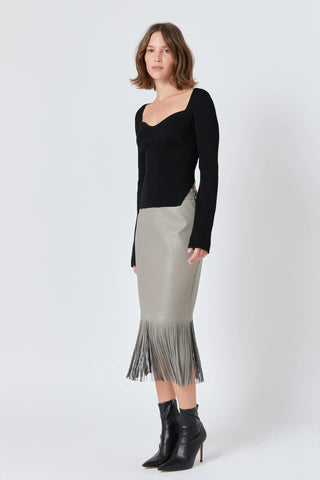 Faux Leather Fringe Midi Skirt Taupe - Endless Rose - COLOR GAME