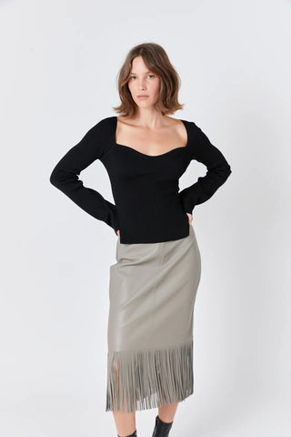 Faux Leather Fringe Midi Skirt Taupe - Endless Rose - COLOR GAME