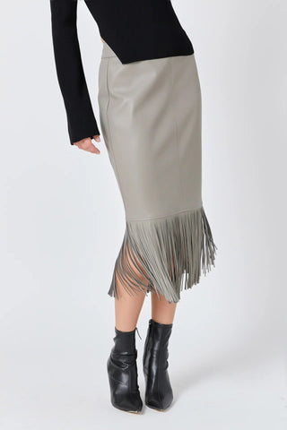 Faux Leather Fringe Midi Skirt Taupe - Endless Rose - COLOR GAME