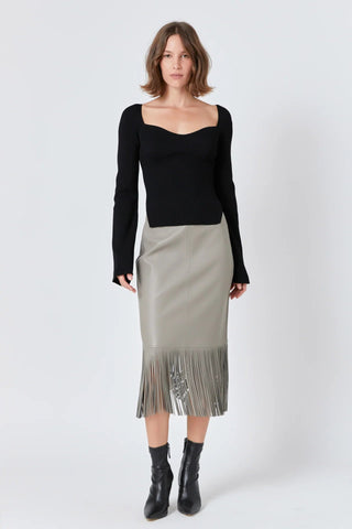 Faux Leather Fringe Midi Skirt Taupe - Endless Rose - COLOR GAME