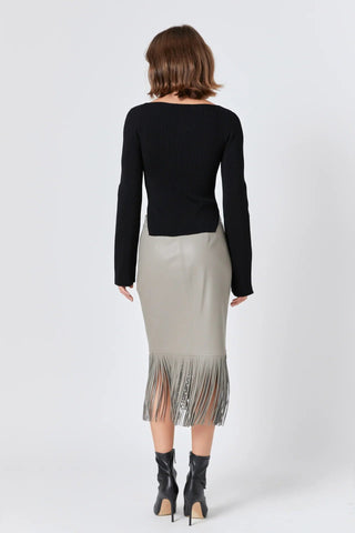 Faux Leather Fringe Midi Skirt Taupe - Endless Rose - COLOR GAME