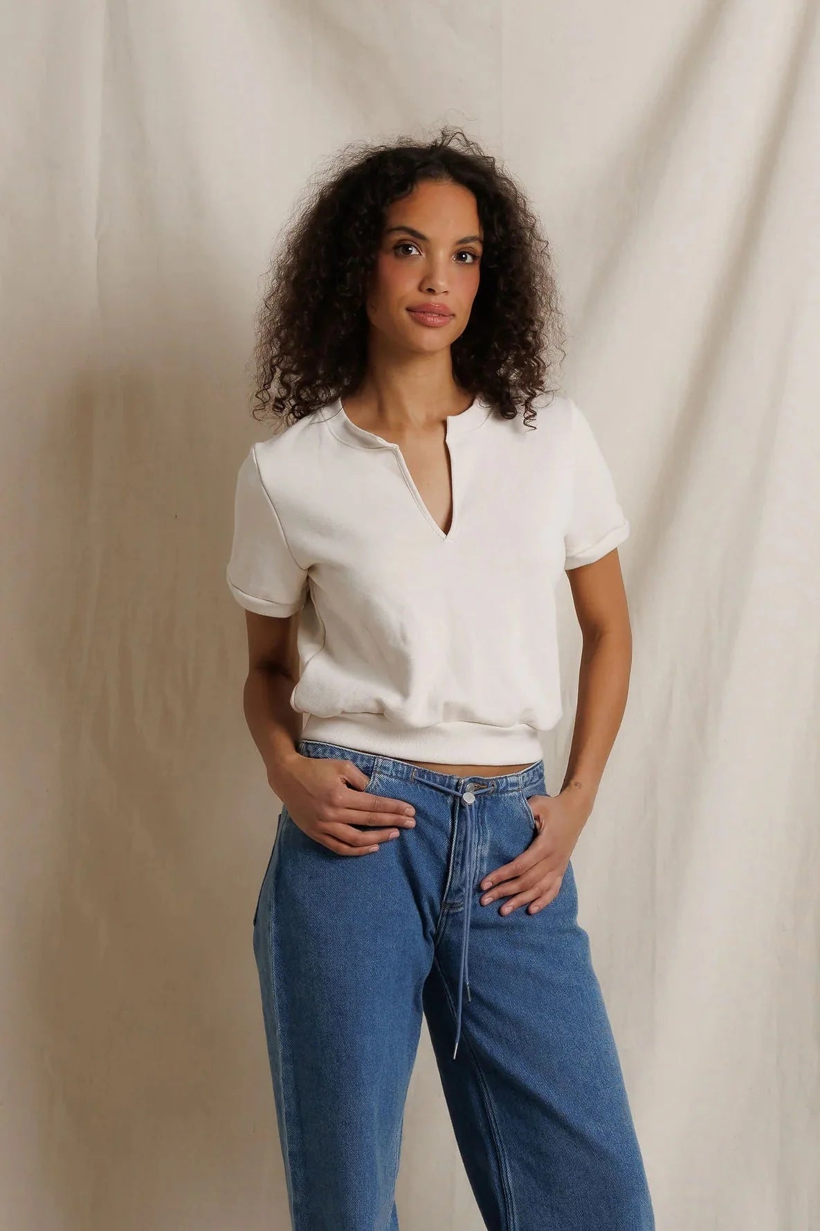 French Terry Short Sleeve Split-V Sweatshirt Sugar - perfectwhitetee - COLOR GAME