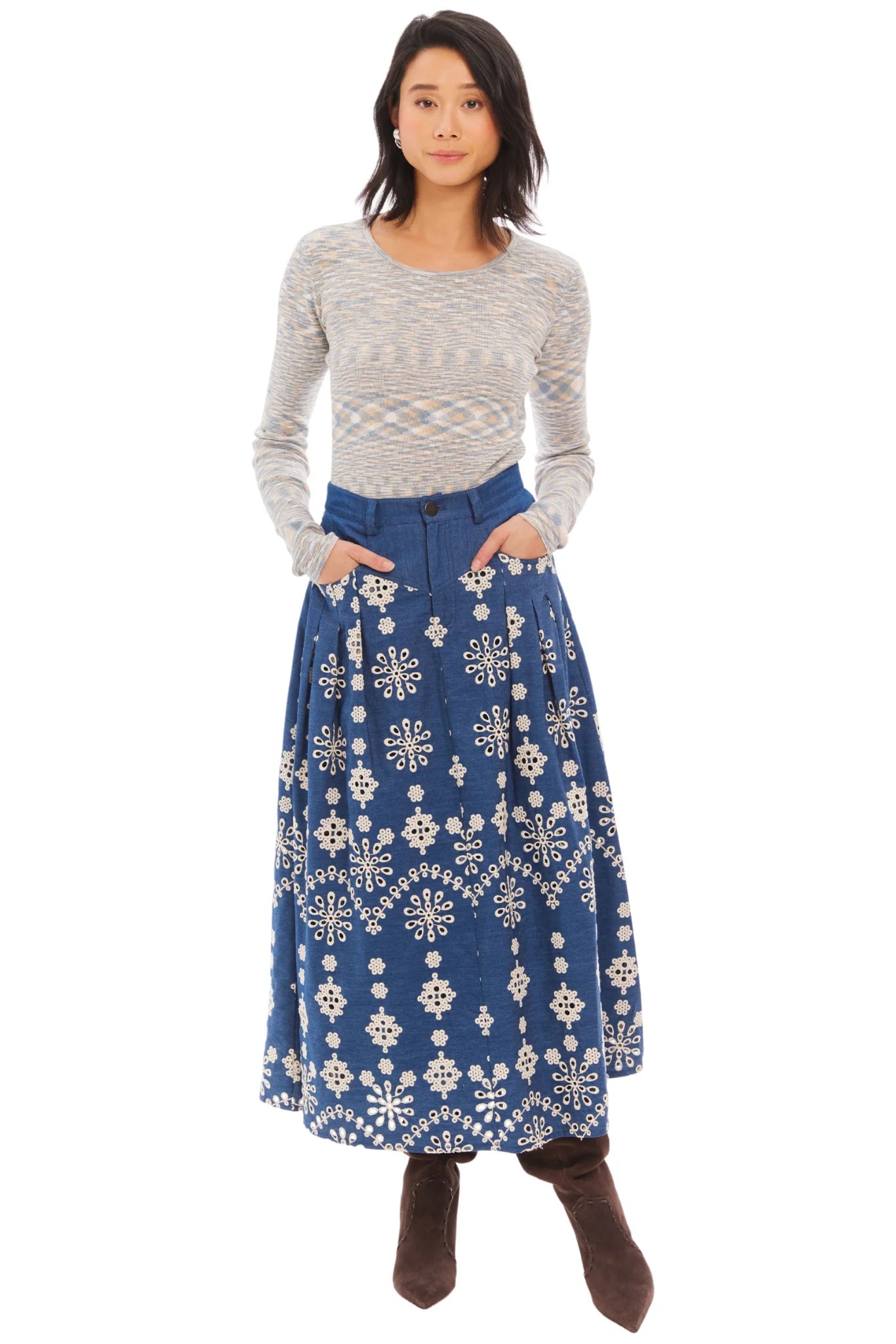 Greta Chambray Eyelet Midi Skirt - Allison New York - COLOR GAME