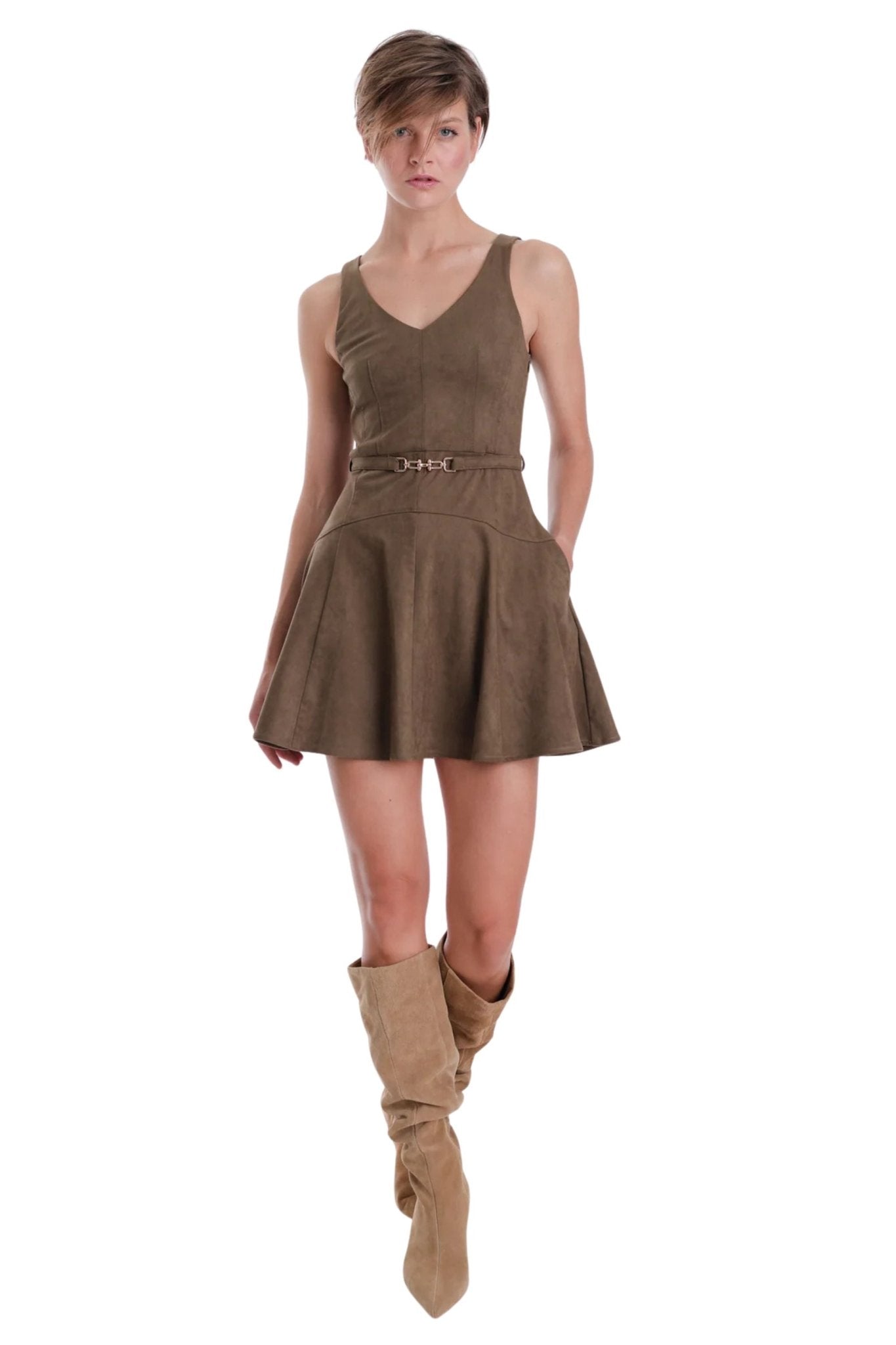 Hanna Suede Mini Dress Olive - Karina Grimaldi - COLOR GAME