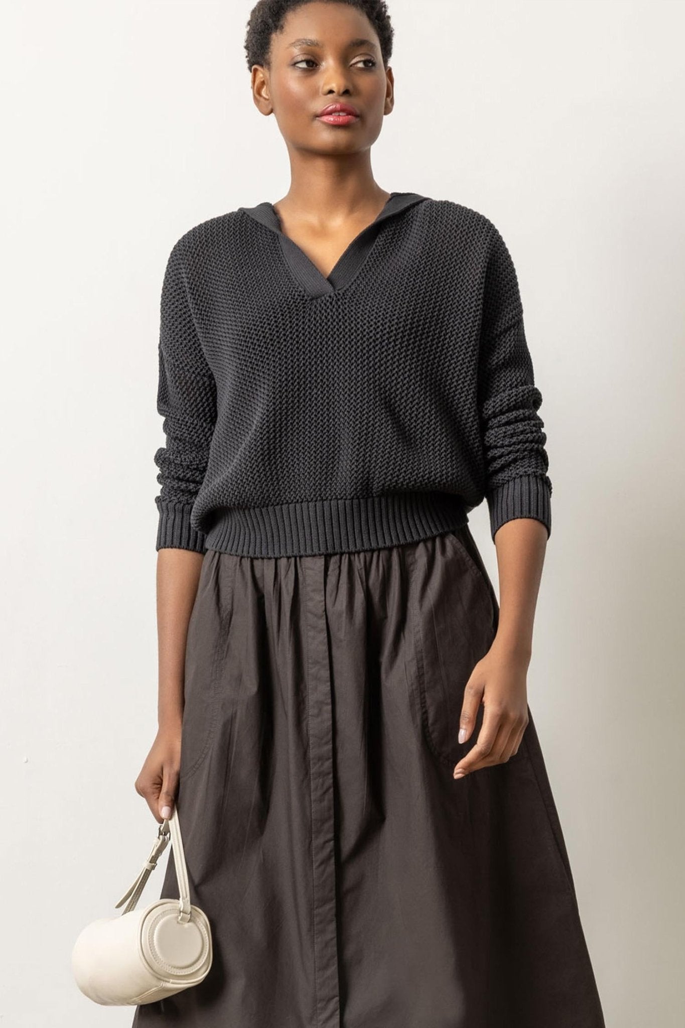 Hooded Split Neck Sweater Black - Lilla P - COLOR GAME