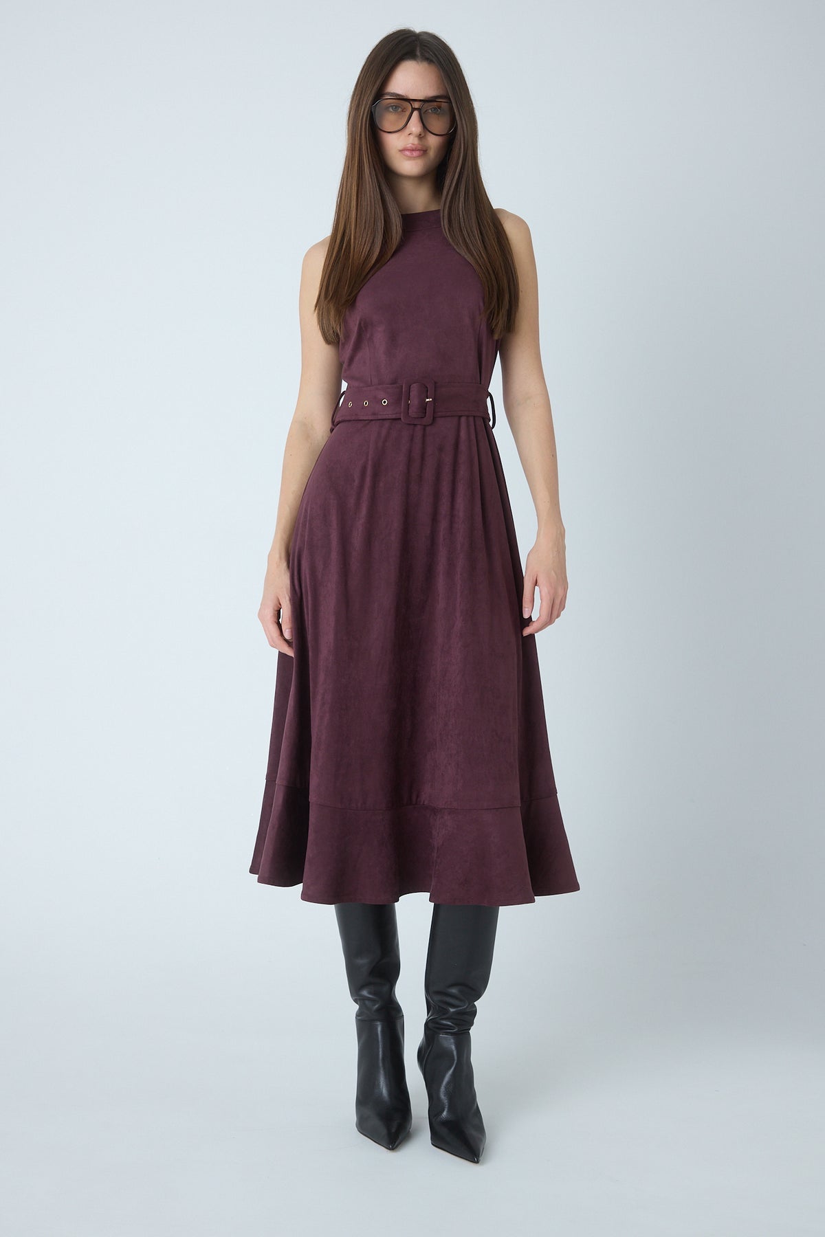 Jalen burgundy faux suede sleeveless dress with flared skirt, front view