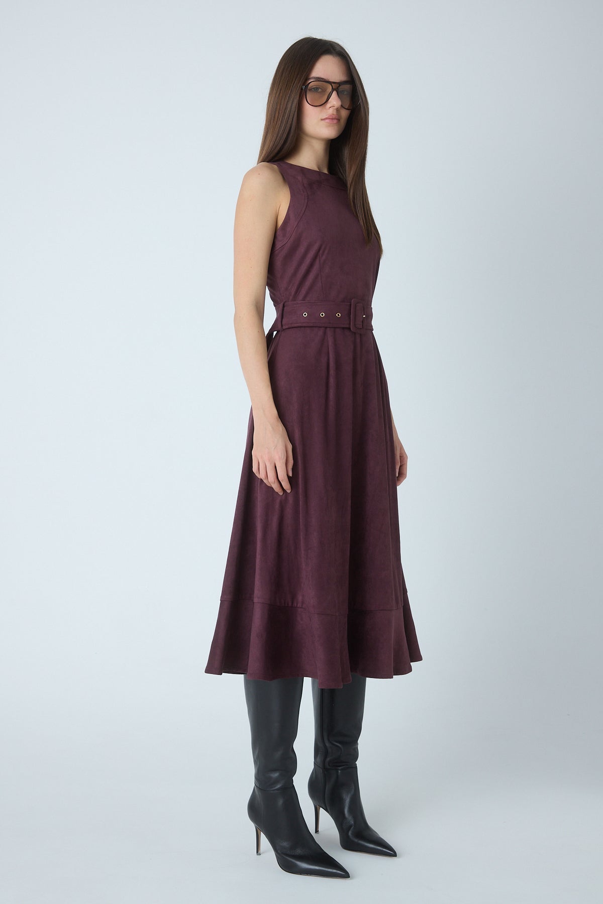 Jalen burgundy faux suede dress, side view
