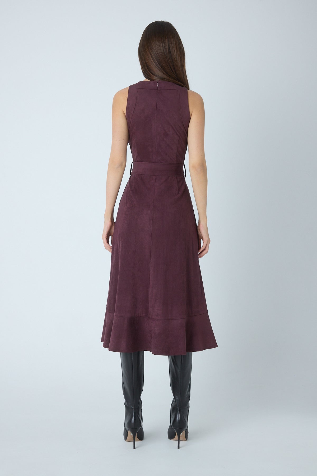 Jalen burgundy faux suede dress, back view