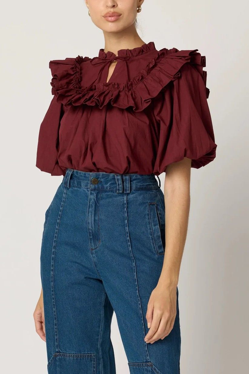 Janet Dark Crimson Ruffle Blouse - Cleobella - COLOR GAME