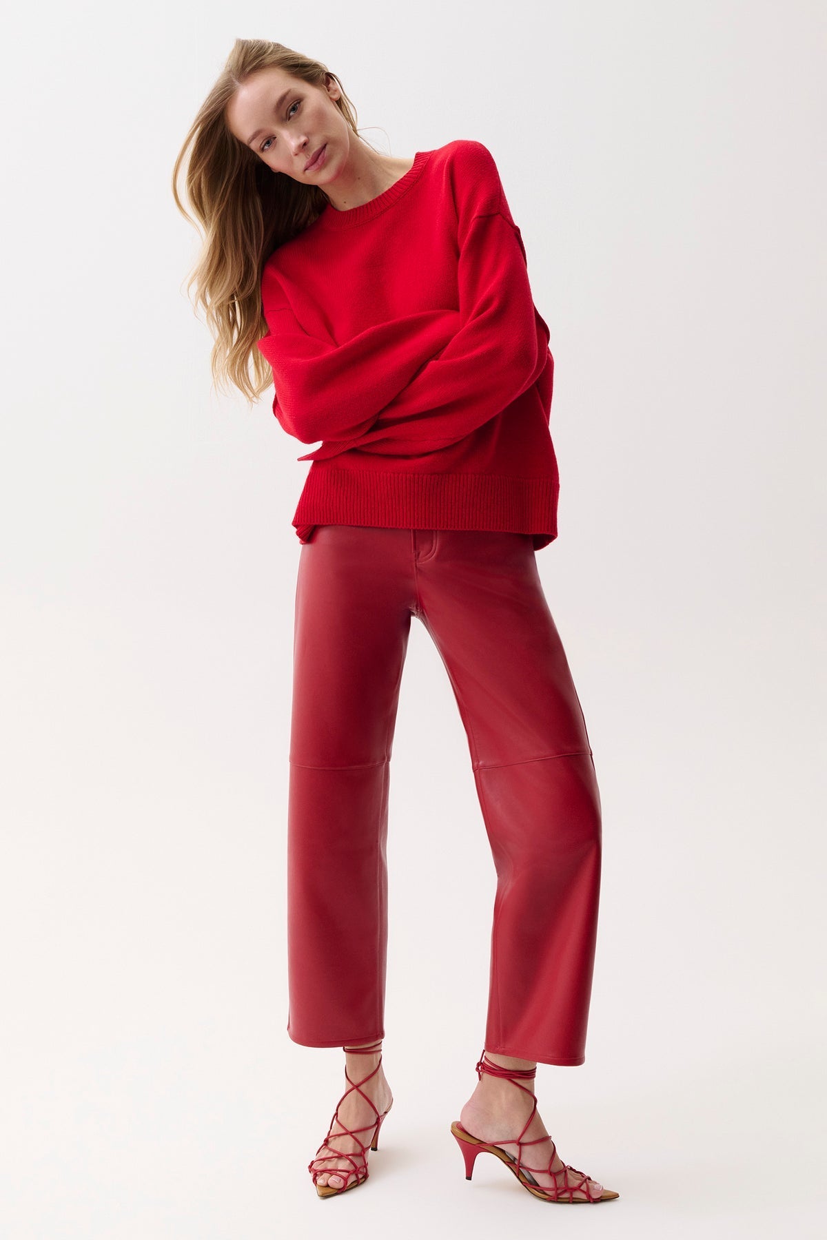 Jett Savvy Red Leather Bowed Straight Pant by Pistola