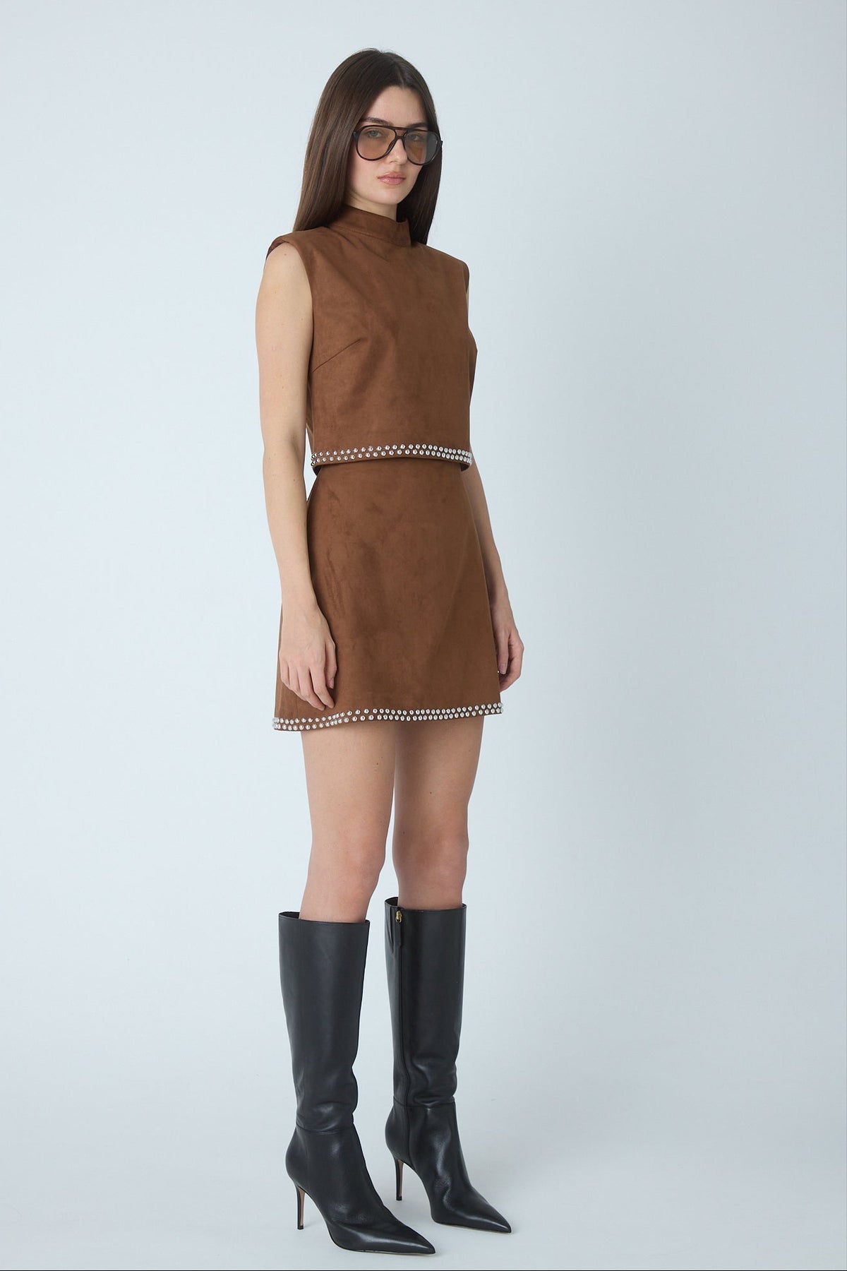 Kally copper faux suede set, back view