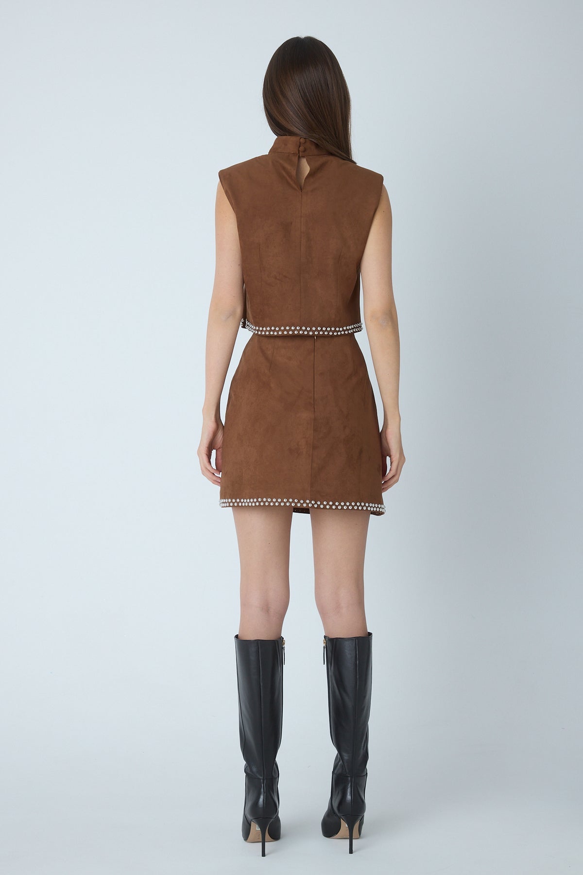Kally copper faux suede mock neck top and mini skirt, detail