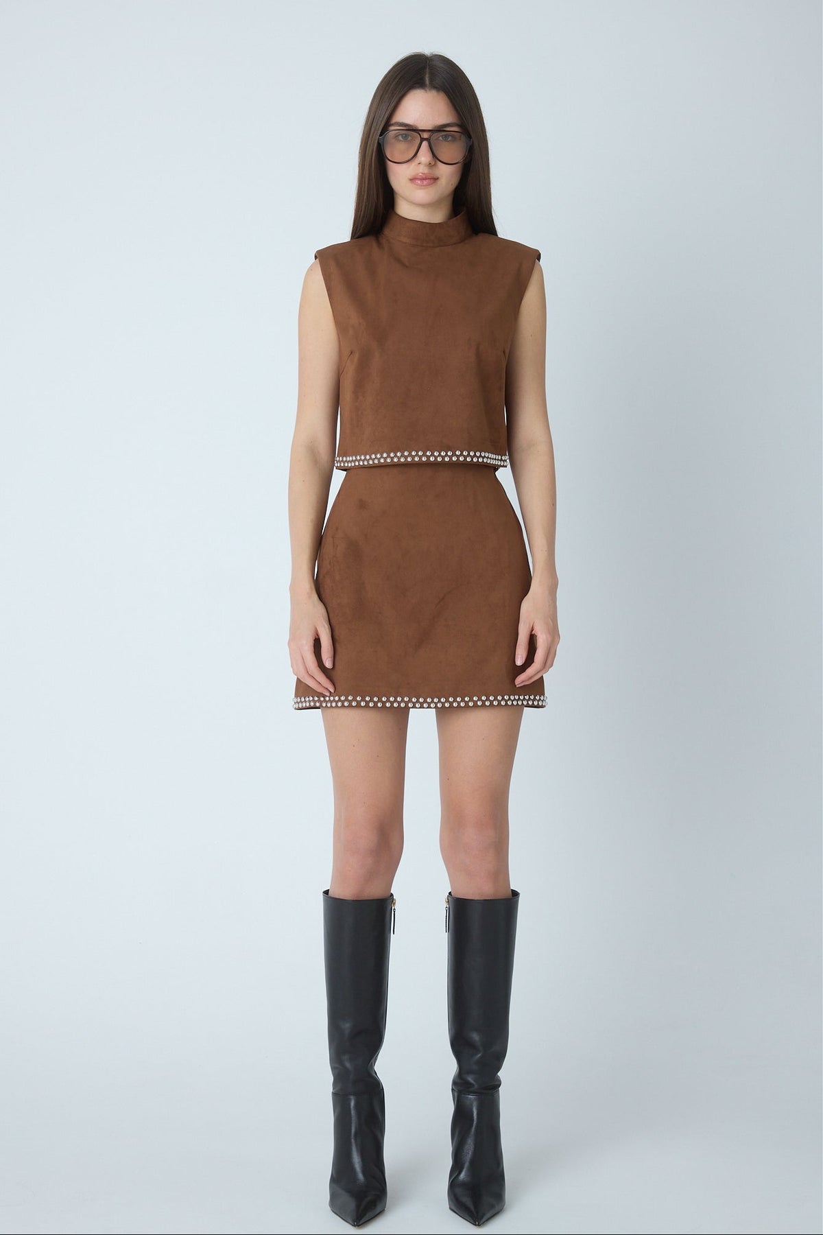 Kally copper faux suede set with silver stud trim, front view