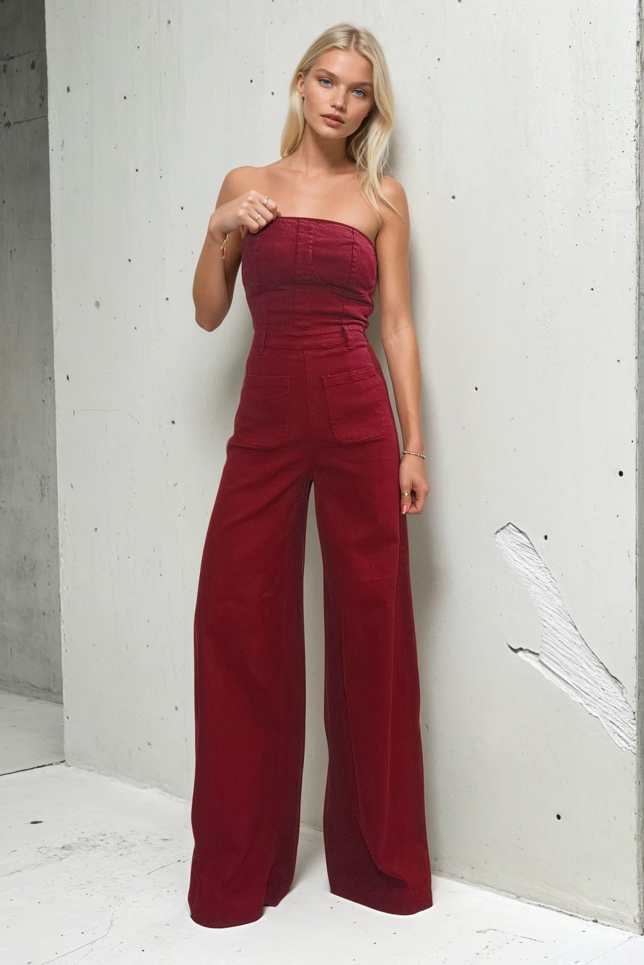 Langley Strapless Wide Leg Jumpsuit Garnet - Color Game - COLOR GAME