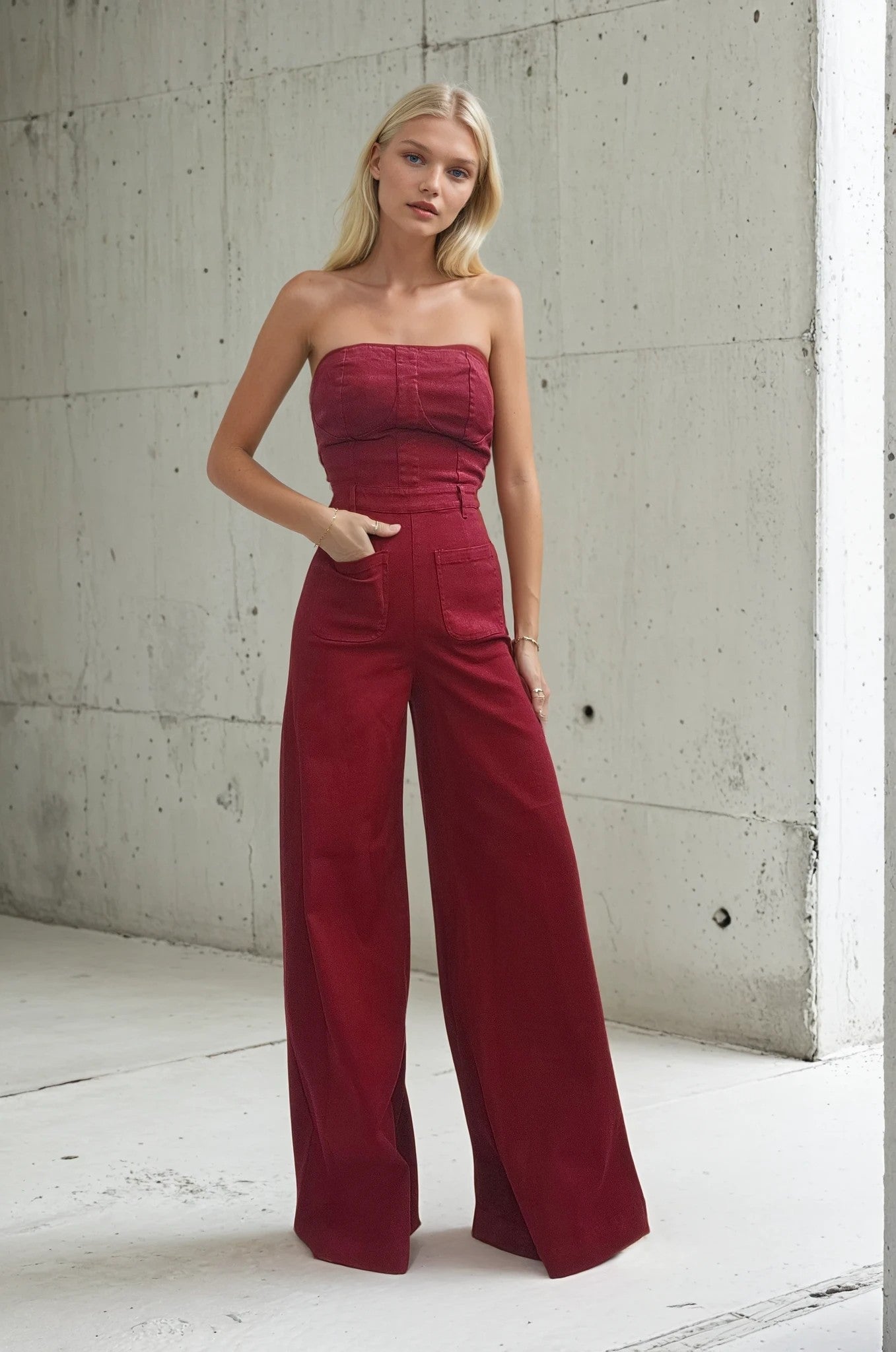 Langley Strapless Wide Leg Jumpsuit Garnet - Color Game - COLOR GAME