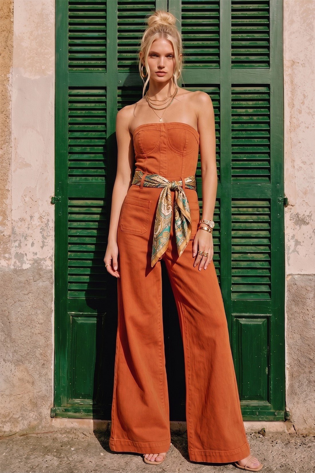 Langley Strapless Wide Leg Jumpsuit Terracotta - Color Game - COLOR GAME