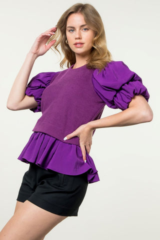 Macy Purple Mixed Media Puff Sleeve Top - THML - COLOR GAME