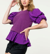 Macy Purple Mixed Media Puff Sleeve Top - THML - COLOR GAME