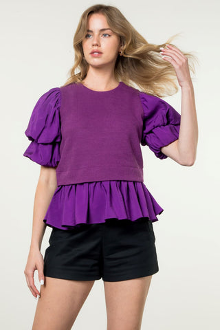 Macy Purple Mixed Media Puff Sleeve Top - THML - COLOR GAME