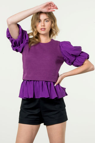 Macy Purple Mixed Media Puff Sleeve Top - THML - COLOR GAME