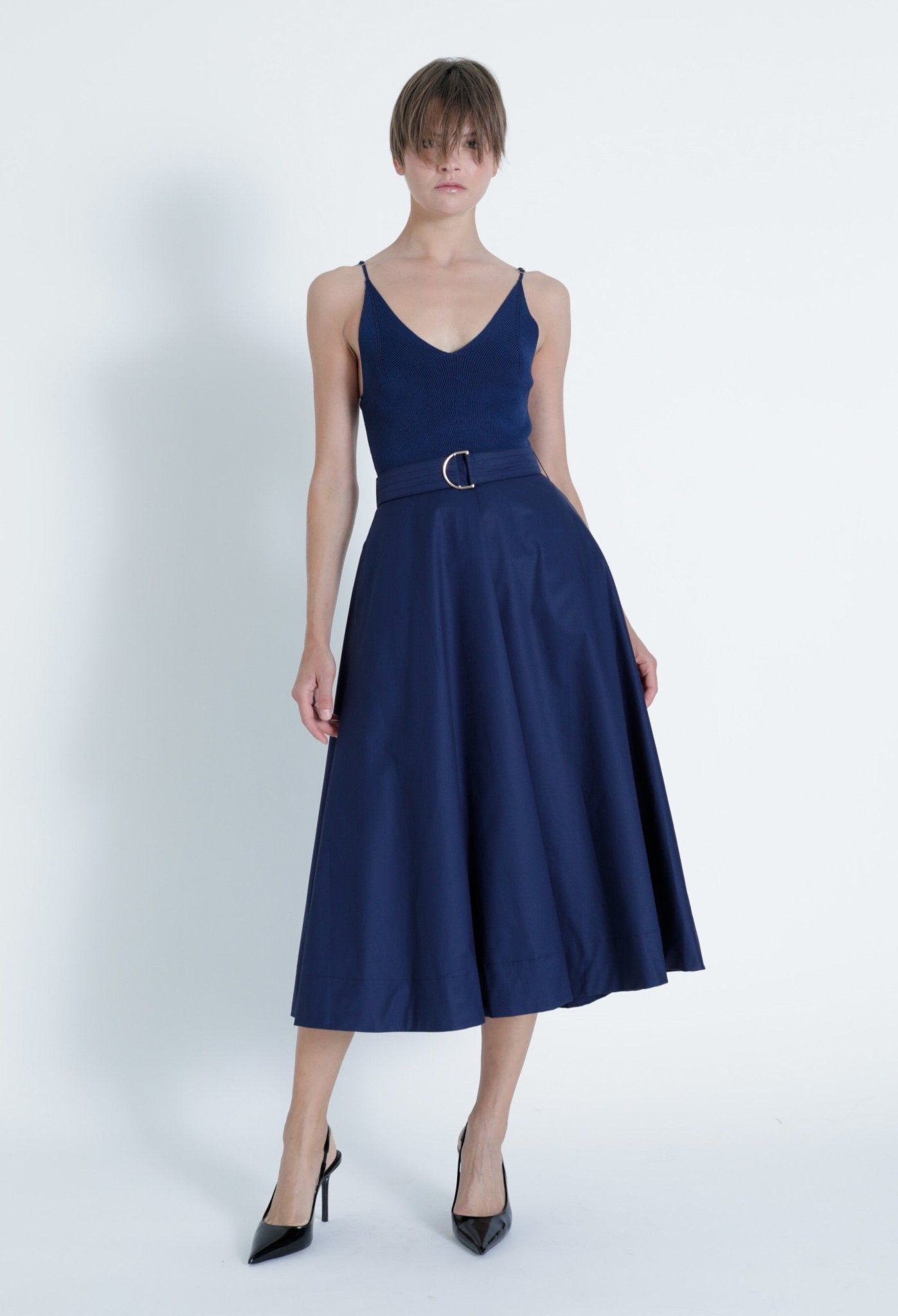 Maria Navy Knit Combo Dress - Karina Grimaldi - COLOR GAME