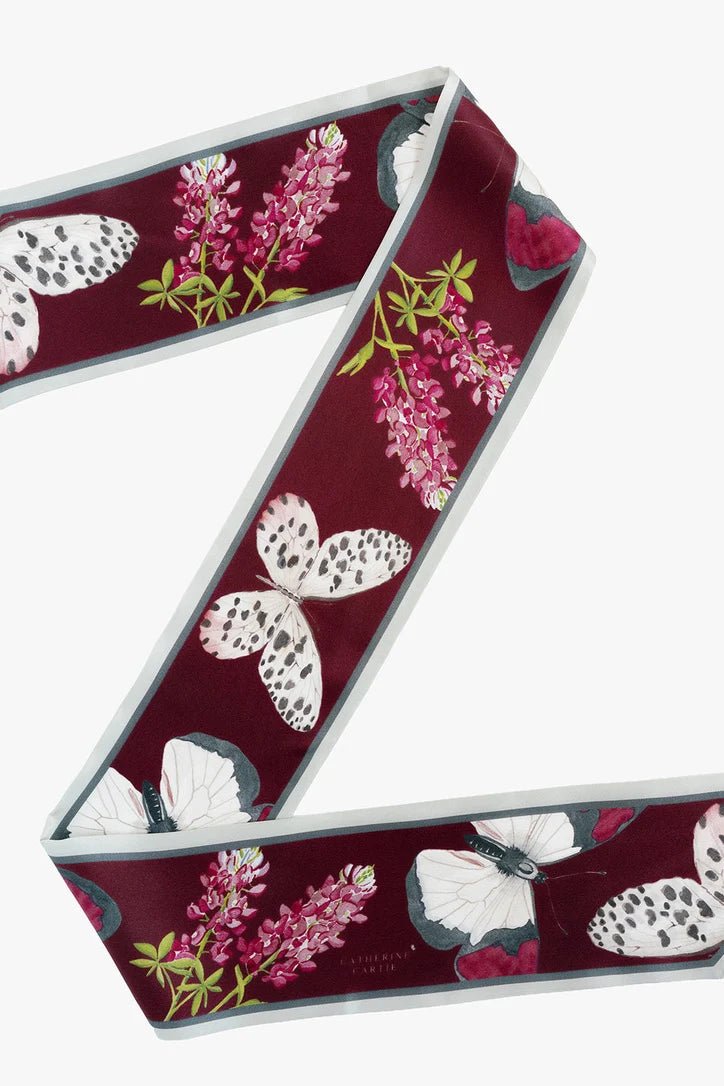 Maroon butterfly silk ribbon scarf by Catherine Cartie, view 4