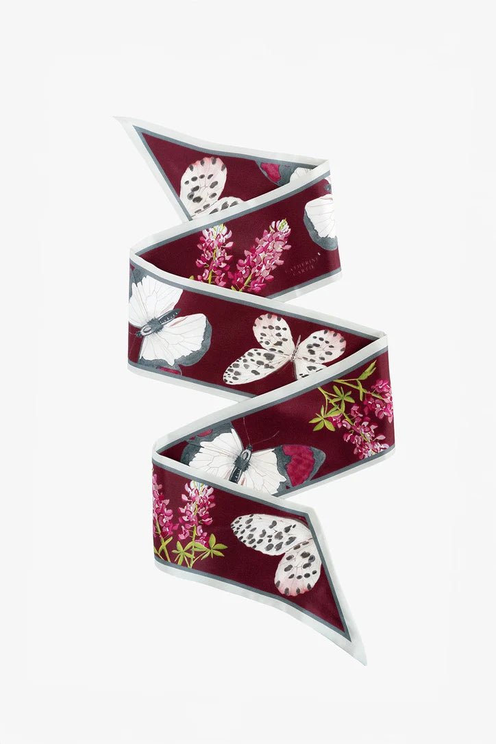 Maroon butterfly silk ribbon scarf by Catherine Cartie, view 2