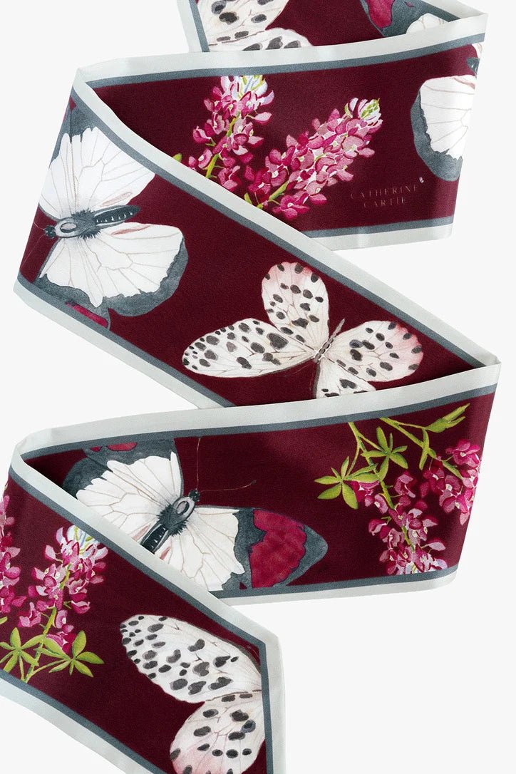 Maroon butterfly silk ribbon scarf by Catherine Cartie