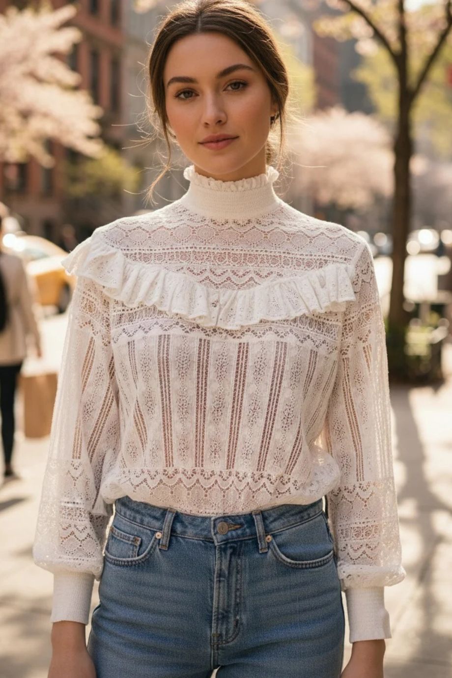 Mock Neck Lace Top With Ruffle Detail - Minnie Rose - COLOR GAME