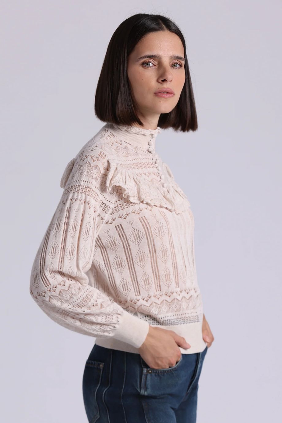 Mock Neck Lace Top With Ruffle Detail - Minnie Rose - COLOR GAME
