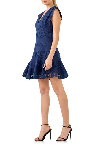 Navy Plunging Neck Lace Trim Dress - Endless Rose - COLOR GAME